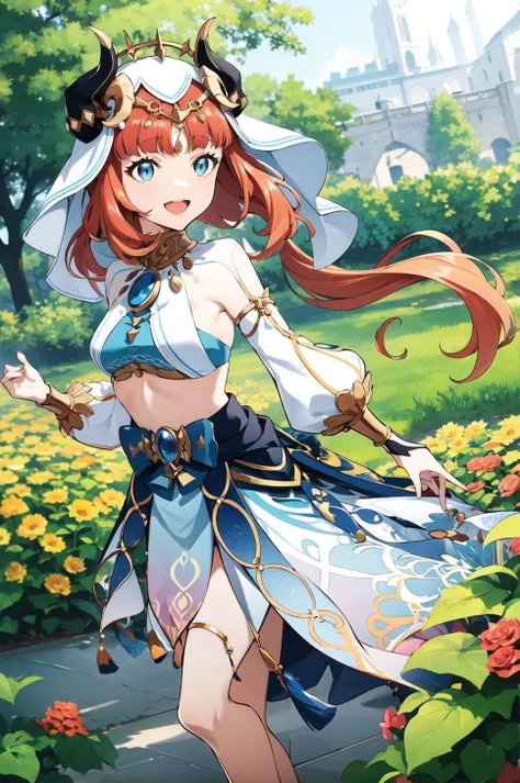 1girl,
beautiful, elegant,
smile, :D
looking at viewer,
<lora:nilouGenshinImpact_v10:1:MIDD> nilou (neither flower nor mist) (genshin impact), aqua eyes, fake horns, red hair, long hair, crop top, jewelry, horns, veil, bracer, brooch, long sleeves, puffy long sleeves, skirt, bangs, twintails, puffy sleeves, neck ring, gold trim, parted bangs, circlet, blue skirt, hair ornament, detached sleeves, low twintails, floating hair, gem, blue gemstone, dancer, white headwear, midriff, very long hair,
around the garden, flowers, butterflies, sunlight, sunflowers, lilies, roses, nature, petals, lens flare <lora:t7s-style-v1.0:1.1> <lora:animeStyleLoraWith_bfcsimplifierTest:0.3>