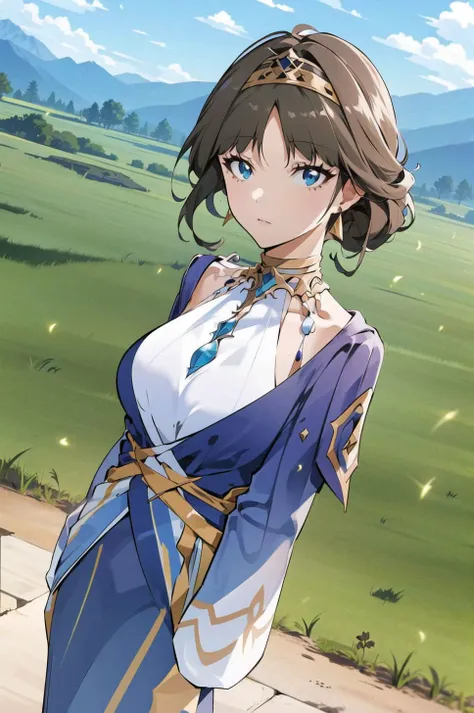 xianghua,brown eyes, 
smiling, standing,   from below,   
short blue dress ,  ,hairband, detached sleeves,
 lake, stars, labyrinth,
(insanely detailed, beautiful detailed face,beautiful detailed eyes, masterpiece, best quality),solo, <lora:xianghua-10-SC6:0.7>
