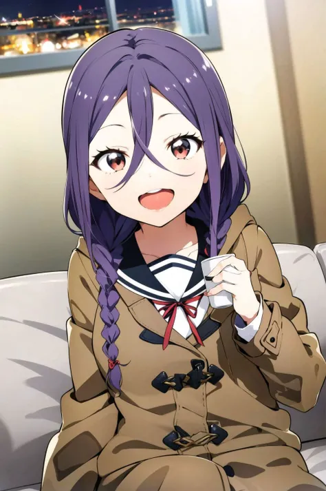 A small girl lying on a couch with one hand on her head, the other holding a cup of coffee, in a room, indoors,
(dutch angle:1.3), forehead, petite,
1girl, solo, braid, ((wink)), happy face, smile, open mouth, brown eyes, twin braids, hair between eyes, purple hair, hair over shoulder, blurry background, long hair, school uniform, outdoors, sailor collar, skirt, night, hood, bangs, coat, facing viewer, serafuku, open clothes, long sleeves, ribbon, neck ribbon, shirt, pleated skirt, open coat <lora:yaotomeUrushiFromSoredemo_v10:0.7:MIDD>
<lora:t7s-style-v1.0:1.1> <lora:animeStyleLoraWith_bfcsimplifierTest:0.4>