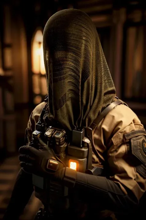 an awarded profesional photography of 1girl <lora:Nokk:1.3> 1girl, long sleeves, science fiction, standing, bulletproof vest, military uniform, uniform, m1911, tactical mask, tactical net mask, covered face, tactical uniform by Sam Abell Emergency Lighting,(epic scene:1.3),ultradetialed character with perfect face,detailed skin,(ultrasharp:1.3),(masterpiece:1.1),best quality AS-YoungV2,(photorealistic:1.2),ultrarealistic,realistic ultradetailed character,4k perfect quality,character focus,<lyco:GoodHands-beta2:1>Magnificent,Imperceptible detail,Intricately designed, <hypernet:sxzBloom_sxzBloom:0.6> hotify