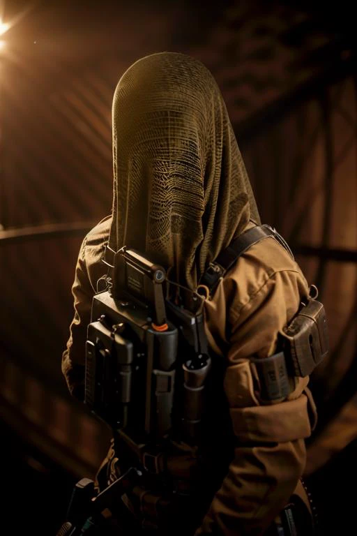 an awarded profesional photography of 1girl <lora:Nokk:1.3> 1girl, long sleeves, science fiction, standing, bulletproof vest, military uniform, uniform, m1911, tactical mask, tactical net mask, covered face, tactical uniform Ray Harryhausen Three-Point Lighting,(epic scene:1.3),ultradetialed character with perfect face,detailed skin,(ultrasharp:1.3),(masterpiece:1.1),best quality AS-YoungV2,(photorealistic:1.2),ultrarealistic,realistic ultradetailed character,4k perfect quality,cowboy shot<lyco:GoodHands-beta2:1>Magnificent,Imperceptible detail,Intricately designed, <hypernet:sxzBloom_sxzBloom:0.6> hotify