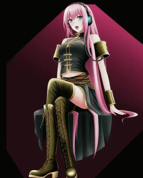 1girl, boots, cross-laced_footwear, crossed_legs, headphones, headset, knee_boots, lace-up_boots, letterboxed, long_hair, megurine_luka, navel, open_mouth, pink_hair, side_slit, sitting, skirt, solo, thighhighs, very_long_hair, brass ornament on the chest,