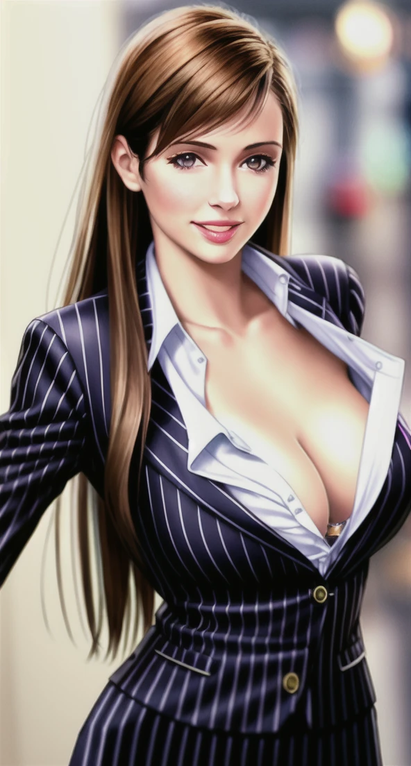 realistic, young woman, blurry_background, breasts, brown_hair, cleavage, depth_of_field, formal, large_breasts, lips, very_long_hair, looking_at_viewer, pinstripe_pattern, pinstripe_suit, realistic, shirt, smile, solo, striped, suit