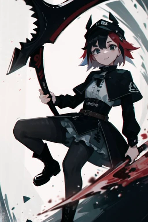 1girl, solo, ruby rose, pantyhose, crescent rose, weapon, short hair, cape, boots, red hair, multicolored hair, smile, dress, grey eyes, frills, corset, hood, gun, scythe, black hair, black pantyhose, bandolier, bullet, black dress, knee boots, two-tone hair, skirt, looking at viewer, black footwear, simple background, long sleeves, frilled dress, brown hair, belt