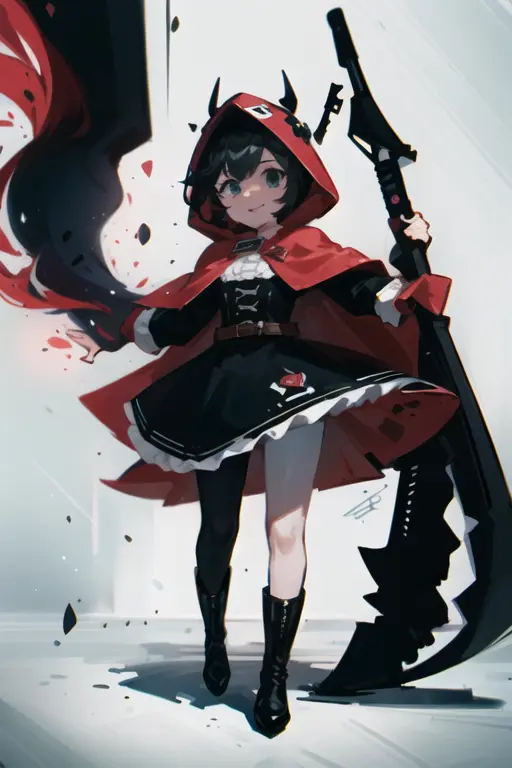 1girl, solo, ruby rose, pantyhose, crescent rose, weapon, short hair, cape, boots, red hair, multicolored hair, smile, dress, grey eyes, frills, corset, hood, gun, scythe, black hair, black pantyhose, bandolier, bullet, black dress, knee boots, two-tone hair, skirt, looking at viewer, black footwear, simple background, long sleeves, frilled dress, brown hair, belt
