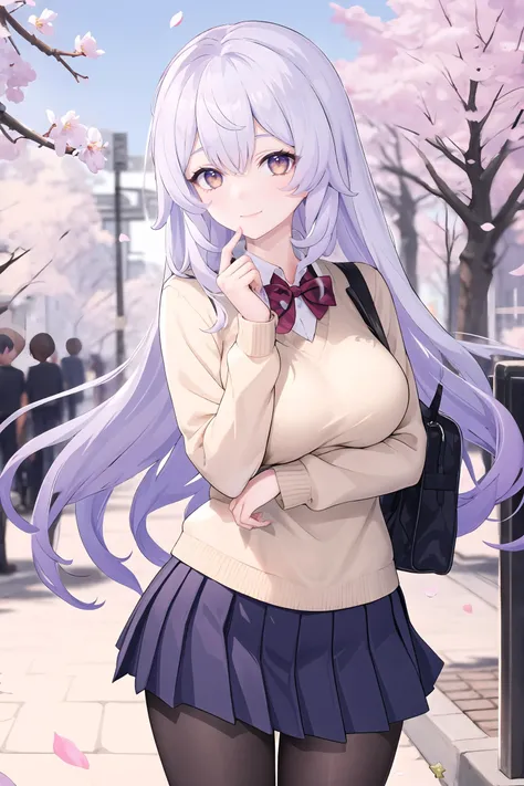 1girl, black swan \(honkai: star rail\), solo, school uniform, white shirt, sweater, pleated skirt, pantyhose, light smile, looking at viewer, outdoors, street, cherry blossoms, petals, depth of field
