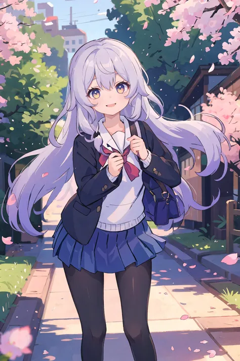 1girl, black swan \(honkai: star rail\), solo, school uniform, white shirt, sweater, pleated skirt, pantyhose, light smile, looking at viewer, outdoors, street, cherry blossoms, petals, depth of field