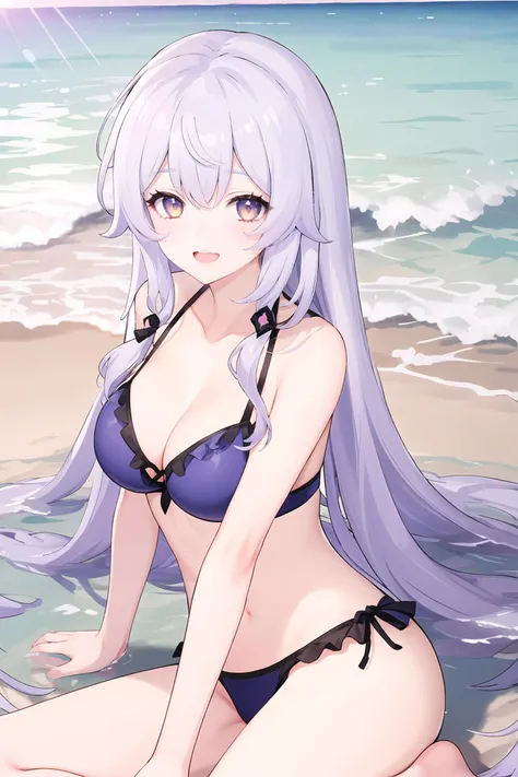 1girl, black swan \(honkai: star rail\), frilled bikini, looking at viewer, reclining, beach, ocean, sunlight, blue sky, depth of field, laughing