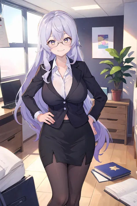 1girl, black swan \(honkai: star rail\), solo, office lady, white collared shirt, pencil skirt, pantyhose, glasses, smirk, looking at viewer, hand on hip, office, indoors, depth of field