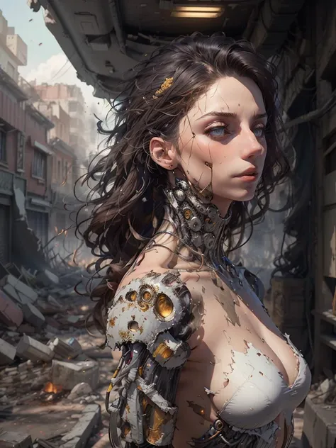 (best quality,highres,ultra-detailed:1.2),female robot, mangled and torn body, damaged and rusty limbs, missing parts, exposed wiring,intense pain and sorrow,despair in her eyes, weathered and worn exterior,scattered garbage,rubbish dump,decaying wreckage, dark and gloomy atmosphere, industrial setting, twisted metal, abandoned machinery, overgrown with weeds and vines, hauntingly beautiful and tragic, post-apocalyptic scene, eerie silence, dust and debris floating in the air, surreal and dreamlike quality, cinematic lighting, muted colors, bleak and desolate mood, haunting beauty