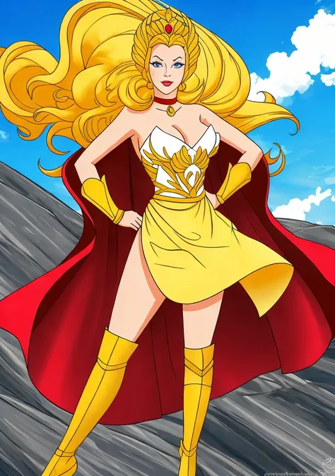 (masterpiece, best quality, high resolution), (cartoon), 
 SheRaQuiron character,  1girl, solo, long hair, breasts, blue eyes, blonde hair, dress, cleavage, jewelry, medium breasts, full body, weapon, boots, choker, sword, cape, white dress, high heels, cosplay, makeup, knee boots, tiara, lipstick, high heel boots, gold tiara, cartoon, holding sword, red cape, superhero, yellow footwear,
 <lyco:quiron_SheRa_V1Lycoris:1.0>