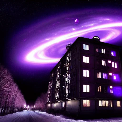 (khrushchevka:1.2), night view, (purple light inside windows:1.4), by van gogh, starry night, milky way, astronomy photography, sharp focus, low angle shot, explosion, demons, (gigantic ufo:1.4), aliens, invasion from the unknow, cosmic horror, anime girl by junji ito, paradox, destruction, fire, death star, (black hole:1.6), fisheye