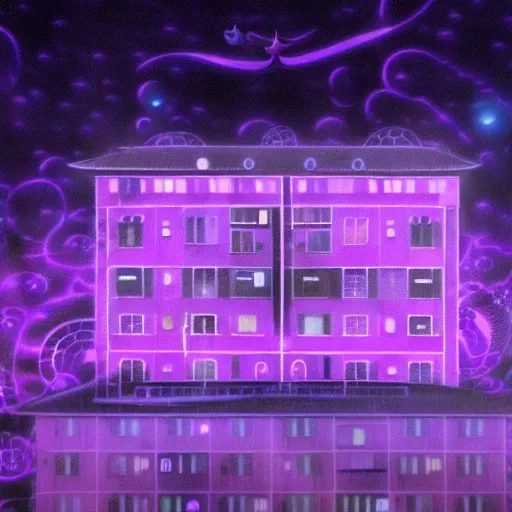 (khrushchevka:1.2), night view, (purple light inside windows:1.4), by van gogh, starry night, milky way, astronomy photography, sharp focus, low angle shot, explosion, demons, (gigantic ufo:1.4), aliens, invasion from the unknow, cosmic horror, (anime girl:1.9) by junji ito, paradox, destruction, fire, death star, (black hole:1.6), fisheye, (tentacles:1.6)