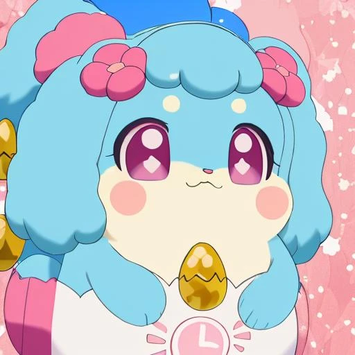 <lora:CocotamaKanna:1> solo, looking at viewer, smile, hair ornament, closed mouth, blue hair, purple eyes, upper body, flower, hair flower, pink eyes, no humans, bell, :3, blush stickers, symbol in eye, beautiful scenery