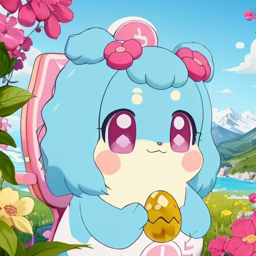 <lora:CocotamaKanna:1> solo, looking at viewer, smile, hair ornament, closed mouth, blue hair, purple eyes, upper body, flower, hair flower, pink eyes, no humans, bell, :3, blush stickers, symbol in eye, beautiful scenery