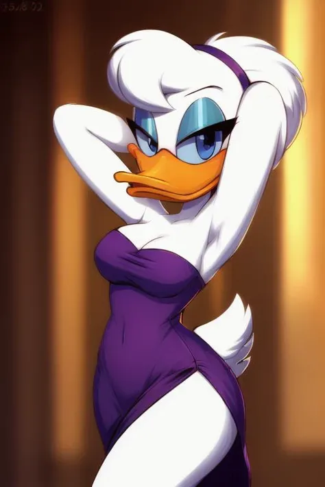 uploaded on e621, portrait of Daisy Duck <lora:daisy_duck_v1_PMv1_768:0.7>, (((sexy))), (white hair), (blue eyes), (simple black pupils), (hands behind head), (purple dress), (white hands), (blush), (smile), (tailfeathers), (anthro female duck), (avian <lora:Anthro-Birds-v3.5:0.25>), <lora:add_detail:1>, BREAK. (8k), (detailed lighting), ((detailed feathers)), (perfect face), ((looking at viewer)), [sunrays], [hdr], [perfect 4k lighting], ((depth of field)), (suggestive content), ((masterpiece, best quality:1)), BREAK <lora:fluffyrock-quality-tags-v1.0-vpred:1.4>
