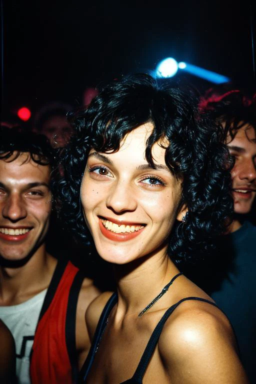 an analog photograph from the front with atmospheric lighting; it is showcased an italian, of legal age, and slender girl, having a jet-black curly bob haircut and a cute face; wearing worn-out clothes; smiling amidst a rave party orgy.