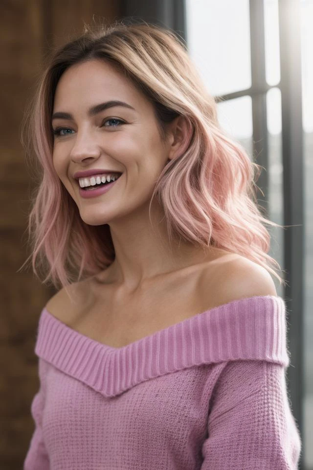 Hyper realistic,ultra detailed photograph of a woman with messy blond hair (pink highlights) [blue eyes] wearing an off shoulder slim sweater[pink],laughing out loud and dancing,sunlight fractal details,depth of field,detailed gorgeous face,natural body posture,
(quality{[intricate_insane_exponential_details_8k_resolution_volumetric_lighting_depth_of_field_FullFrame_36x24mm_Nikon_D850_sensor_grain_texture]}),
(composition{[.707_trigonometric_discretization_scalar*1.618033988749895âlighting_angle_quantization_color_reflection_modeling_aesthetic_spacing_principles*scene_structure]}),