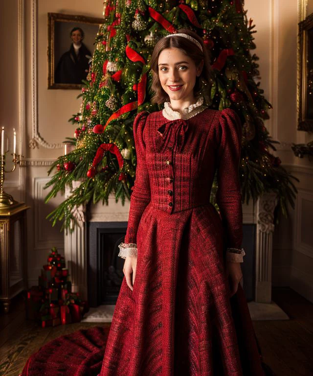 RAW, 50mm f 1.2, full body photograph or gorgeous fit, thin n4t4l14d, face , wearing a red Victorian dress posing in front of ((Christmas tree)) in large Victorian Room, fireplace, eye contact, flirty smile, hyperdetailed
<lora:n4t4l14d:1>