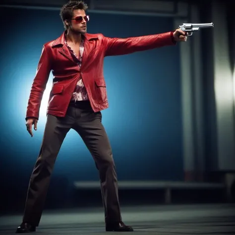 cinematic photo tyler durden, facial hair, red jacket, sunglasses, aims a hangun <lora:TylerDurden1024:0.8> . 35mm photograph, film, bokeh, professional, 4k, highly detailed