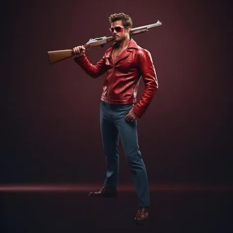 cinematic photo tyler durden, facial hair, red jacket, sunglasses, cigaret, holds a rifle on his shoulder<lora:TylerDurden1024:0.8> . 35mm photograph, film, bokeh, professional, 4k, highly detailed