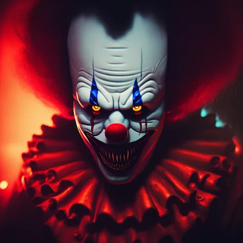 creepy photo of a clown with glowing eyes, creepy smile in the background. horror style by giger and beksinski 4 k trending on artstation deviantart pinterest detailed realistic hd 8k high resolution award winning photography photorealistic masterpiece cinematic lighting dark atmosphere dramatic volumetric lightning octane render ultra - red colors black light ground mist atmospheric foggy heavy rainning storm clouds