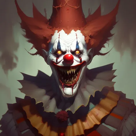creepy photo of a clown with long, sharp teeth. highly detailed 8k fantasy matte painting by peter mohrbacher and wlop in the style ayami kojima horror anime trending on artstation deviantart book cover concept digital illustration tone mapping ethereal lighting low angle hd super resolution 4x 20mm f1 2 polarizing filter blur bokeh high contrast