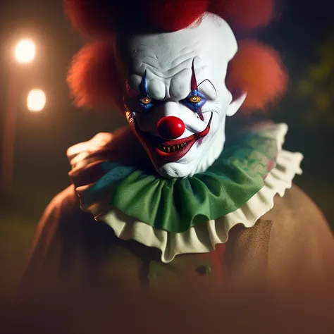 creepy photo of a clown, in the woods at night. creepy atmosphere by annie leibovitz and steve mccurry octane render photorealistic cinematic lighting hyper realism 8 k depth shallow dof hdr atmospheric foggy volumetric lightrays 3 d concept art unreal engine 5 very detailed masterpiece realistic poster with high detail digital painting trending on deviantart behance p