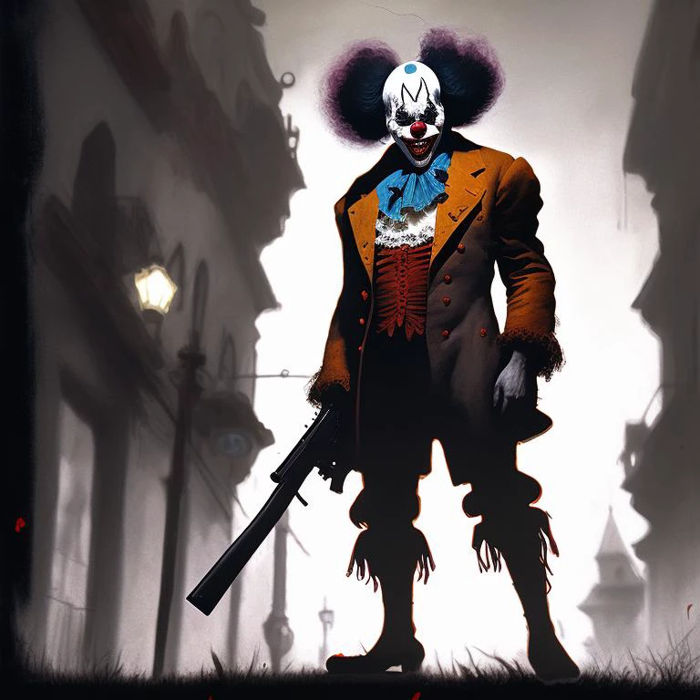 creepy photo of a clown holding an uzi on the street, black and white color aesthetic!!! very detailed 8k. horror style! trending at artstation conceptart body full-body!! sharp focus creepy dramatic volumetric lighting chiaroscuro hdr painting by beksinski carl spitzweg moebius syd mead roger dean wojciech