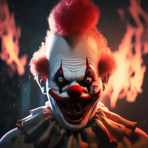 creepy photo of a clown in the middle surrounded by zombies, scary atmosphere. dark night time photography style with flash and lights on at an old house fire is burning down everywhere all around them cinematic lighting 8k hyper realistic detailed masterpiece painting render highly symmetrical intricate octane unreal engine redshift hd artstation deviantart close up portrait behance cgsociety concept volumetric light