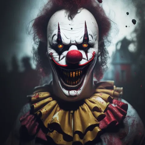 creepy photo of a clown in the middle surrounded by zombies, scary atmosphere. dark night time photography style with flash and lights on at an old house fire is burning down everywhere all around them cinematic lighting 8k hyper realistic detailed masterpiece painting render highly symmetrical intricate octane unreal engine redshift hd artstation deviantart close up portrait behance cgsociety concept volumetric light