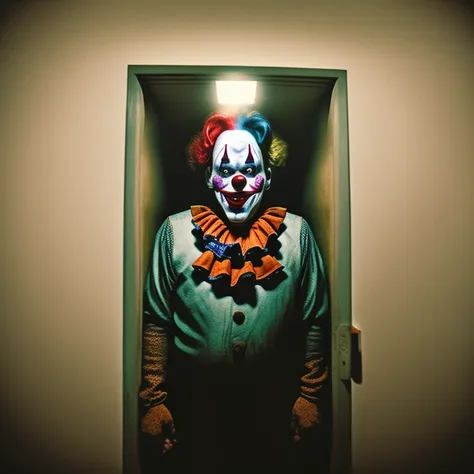 creepy photo of a clown in the backrooms, high contrast lighting. polaroid - h 640 4 0 8 6 7 9 1 2 5 mm f / 3 lens by annie leibovitz and steve mccurry octane highly detailed award winning color photograph trending on flickr dramatic dark atmosphere cinematic volumetric light god rays hyperrealism extremely realistic creepy atmospheric photography national geographic