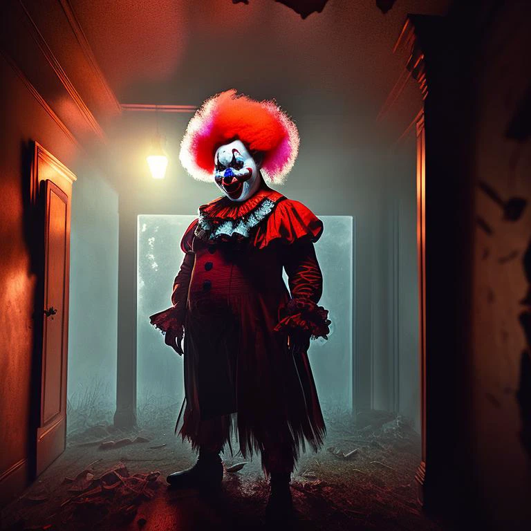 creepy photo of a clown in an abandoned house at night, 4k ultra hd photography award winning cinematic still 35mm grain dramatic lighting trending on artstation vivid color 8K high detail digital painting render by Greg Rutkowski and Alphonse Mucha foggy volumetric lightning subsurface scattering dark atmospheric. Trending concept Art behance masterpiece with great composition but dreary colors rendered