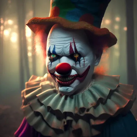 creepy photo of a clown, in the woods at night. creepy atmosphere by annie leibovitz and steve mccurry octane render photorealistic cinematic lighting hyper realism 8 k depth shallow dof hdr atmospheric foggy volumetric lightrays 3 d concept art unreal engine 5 very detailed masterpiece realistic poster with high detail digital painting trending on deviantart behance p