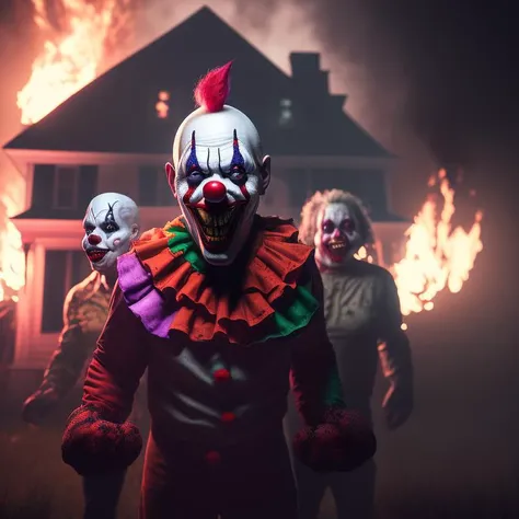 creepy photo of a clown in the middle surrounded by zombies, scary atmosphere. dark night time photography style with flash and lights on at an old house fire is burning down everywhere all around them cinematic lighting 8k hyper realistic detailed masterpiece painting render highly symmetrical intricate octane unreal engine redshift hd artstation deviantart close up portrait behance cgsociety concept volumetric light