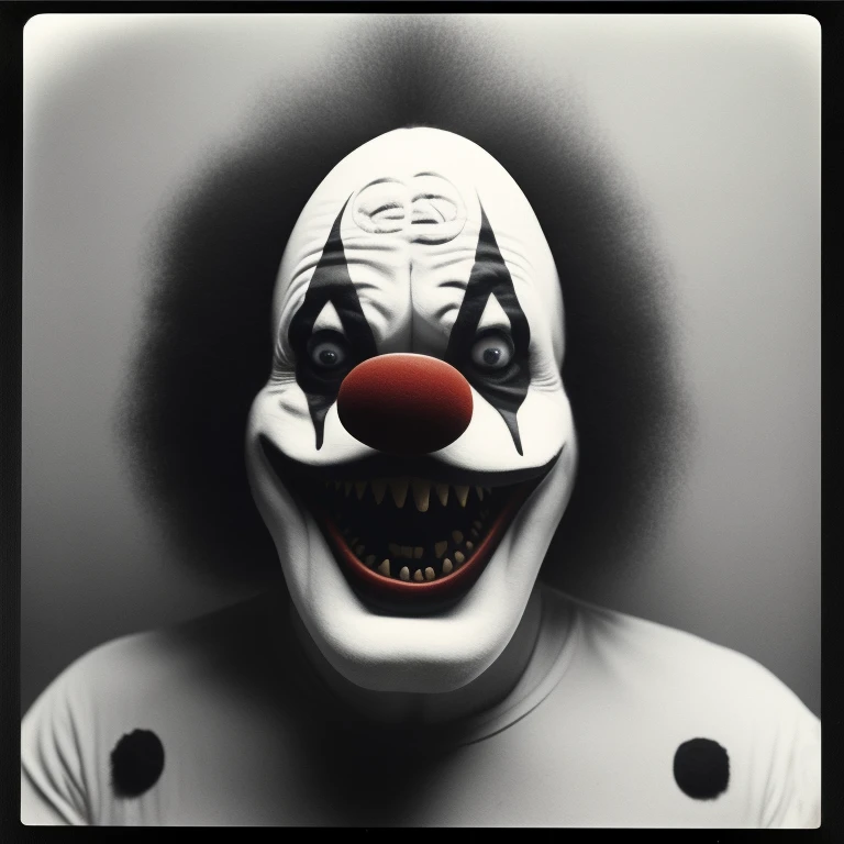 creepy photo of a clown, black and white grain 1 9 7 0 s photograph magazine. polaroid - h 6 4 2 8 mm f / 5 lens in the style oleg oprisco : lovecraftian scary giant fractal monster with many eyes staring at your soul inside an abandoned lab where you can see him through broken door window into another room or reality isometric 3 d oct