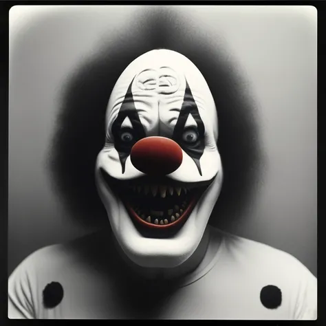 creepy photo of a clown, black and white grain 1 9 7 0 s photograph magazine. polaroid - h 6 4 2 8 mm f / 5 lens in the style oleg oprisco : lovecraftian scary giant fractal monster with many eyes staring at your soul inside an abandoned lab where you can see him through broken door window into another room or reality isometric 3 d oct