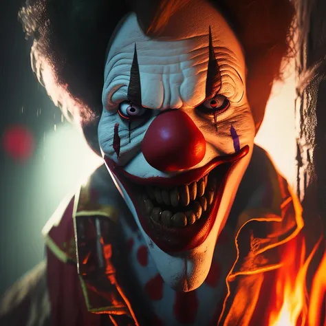 creepy photo of a clown in the middle surrounded by zombies, scary atmosphere. dark night time photography style with flash and lights on at an old house fire is burning down everywhere all around them cinematic lighting 8k hyper realistic detailed masterpiece painting render highly symmetrical intricate octane unreal engine redshift hd artstation deviantart close up portrait behance cgsociety concept volumetric light