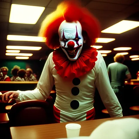 creepy photo of a clown Ronald McDonald in a McDonald restaurant, horror film still from alien ( 1 9 8 5 ) set backrooms - n 4 i 7 e 6 0 x 2 sony vr _ bandana : kodak portra 400 color negative suit mm f / 3. noise cinematic mood lighting dark shadows retro interior monochrome 16 m lens anamorphic wide shot polar