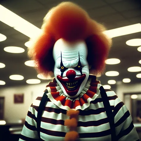 creepy photo of a clown Ronald McDonald in a McDonald restaurant, horror film still from alien ( 1 9 8 5 ) set backrooms - n 4 i 7 e 6 0 x 2 sony vr _ bandana : kodak portra 400 color negative suit mm f / 3. noise cinematic mood lighting dark shadows retro interior monochrome 16 m lens anamorphic wide shot polar