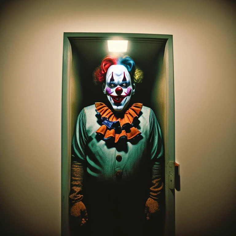 creepy photo of a clown in the backrooms, high contrast lighting. polaroid - h 640 4 0 8 6 7 9 1 2 5 mm f / 3 lens by annie leibovitz and steve mccurry octane highly detailed award winning color photograph trending on flickr dramatic dark atmosphere cinematic volumetric light god rays hyperrealism extremely realistic creepy atmospheric photography national geographic