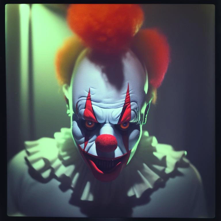 creepy photo of a clown, polaroid picture taken by greg rutkowski and james cameron for abercrombie & spooky haunted house in the woods during an alien invasion. scary atmosphere with red eyes staring at you from above through your window while holding up his hand to camera ; highly - detailed 4 k masterpiece!! trending on artstation dramatic lighting high contrast intricate face details