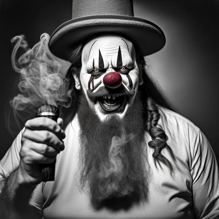 creepy photo of a clown with long hair and beard sitting on it's back, in the style from ansel adams photograph by werner herzog. he is smoking cigar while holding gun at his side as they cry for joy to do some magic that are not evil or good looking face realistic high quality 4 k hd sharp focus cinematic lighting detailed image artstation trending dramatic light
