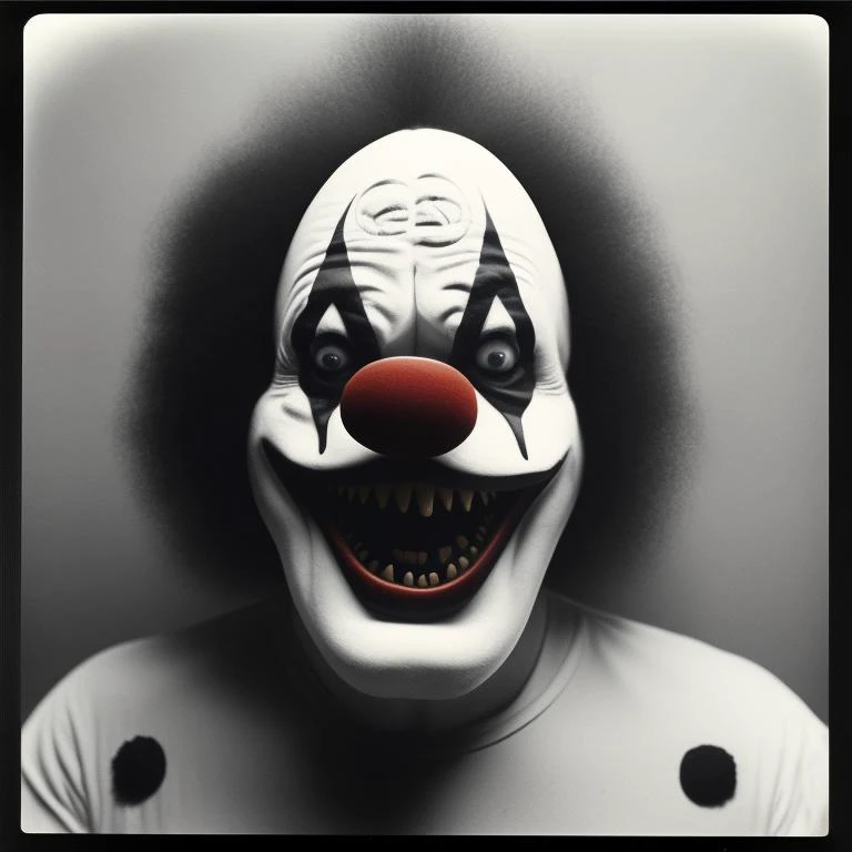 creepy photo of a clown, black and white grain 1 9 7 0 s photograph magazine. polaroid - h 6 4 2 8 mm f / 5 lens in the style oleg oprisco : lovecraftian scary giant fractal monster with many eyes staring at your soul inside an abandoned lab where you can see him through broken door window into another room or reality isometric 3 d oct