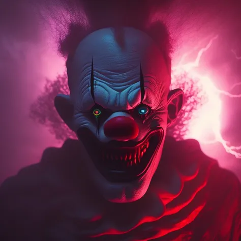 creepy photo of a clown with glowing eyes, creepy smile in the background. horror style by giger and beksinski 4 k trending on artstation deviantart pinterest detailed realistic hd 8k high resolution award winning photography photorealistic masterpiece cinematic lighting dark atmosphere dramatic volumetric lightning octane render ultra - red colors black light ground mist atmospheric foggy heavy rainning storm clouds