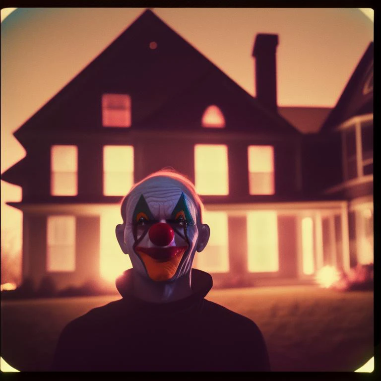 creepy photo of a clown, creepy lighting. night time photography taken on polaroid camera with flash in the background and an old abandoned house from 90 sifilm x - t 3 0 pro lens f/ 5 2 1 6 7 9 at sunset dramatic volumetric fog mist photorealistic octane unreal depth oleg oprisco art by gregory crewdson albert
