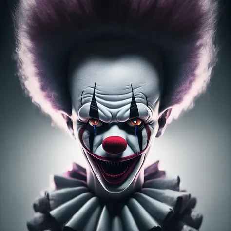 creepy photo of a clown, black and white color aesthetic with many eyes. horror art style by junji ito hyperrealism detailed painting accurate features dramatic lighting dark background hd 8k high resolution camera flash photography super realistic intricate detail masterpiece trending on flickr vivid colors photorealistic octane render pinterest unreal engine very cinematic volumetric lightning extreme dof neon cyberpunk dsl