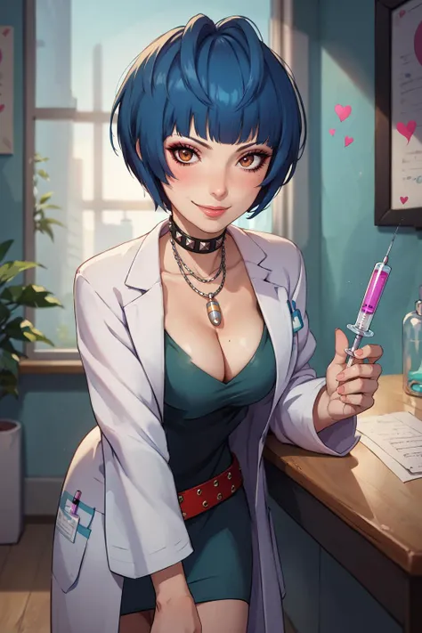 score_9, score_8_up, score_7_up, source_anime, a woman holding a syringe leaning forward revealing her cleavage, accidental exposure , large breasts, cleavage, flirty smirk, flirt, blushing, hearts, <lora:zs_TakemiXL:1>, takemip5, brown eyes, short hair, black hair, blue hair, labcoat, black dress, belt, choker, necklace, cleavage, high heels, makeup, eyeliner, cute, interior, detailed background, behind a wall, close up, looking at viewer, liquid spraying out of syringe,