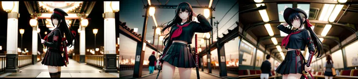 highly insanely detailed, masterpiece, top quality, best quality, highres, 4k, 8k, RAW photo, (very aesthetic, beautiful and aesthetic), 1girl, traditional. media, retro artstyle, cloud, sky, fantasy, scenery, soft light, city lights at night, at a train station in tokyo, (bokeh:1.3), sunrise, vivid, imaginative, deep depth of field, <lora:Tekkonkinkreet:1>
1girl, solo, long hair, looking at viewer, skirt, shirt, black hair, red eyes, long sleeves, hat, holding, closed mouth, school uniform, ponytail, weapon, cowboy shot, horns, serafuku, sword, black skirt, sailor collar, holding weapon, armor, neckerchief, parted bangs, black shirt, holding sword, katana, shoulder armor, sheath, red neckerchief, black serafuku, sheathed, japanese armor, scabbard, kote.