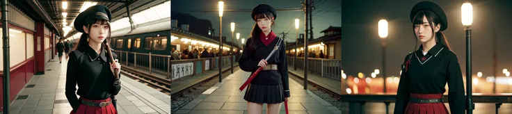 highly insanely detailed, masterpiece, top quality, best quality, highres, 4k, 8k, RAW photo, (very aesthetic, beautiful and aesthetic), 1girl, traditional. media, retro artstyle, cloud, sky, fantasy, scenery, soft light, city lights at night, at a train station in tokyo, (bokeh:1.3), sunrise, vivid, imaginative, deep depth of field, <lora:Tekkonkinkreet:1>
1girl, solo, long hair, looking at viewer, skirt, shirt, black hair, red eyes, long sleeves, hat, holding, closed mouth, school uniform, ponytail, weapon, cowboy shot, horns, serafuku, sword, black skirt, sailor collar, holding weapon, armor, neckerchief, parted bangs, black shirt, holding sword, katana, shoulder armor, sheath, red neckerchief, black serafuku, sheathed, japanese armor, scabbard, kote.